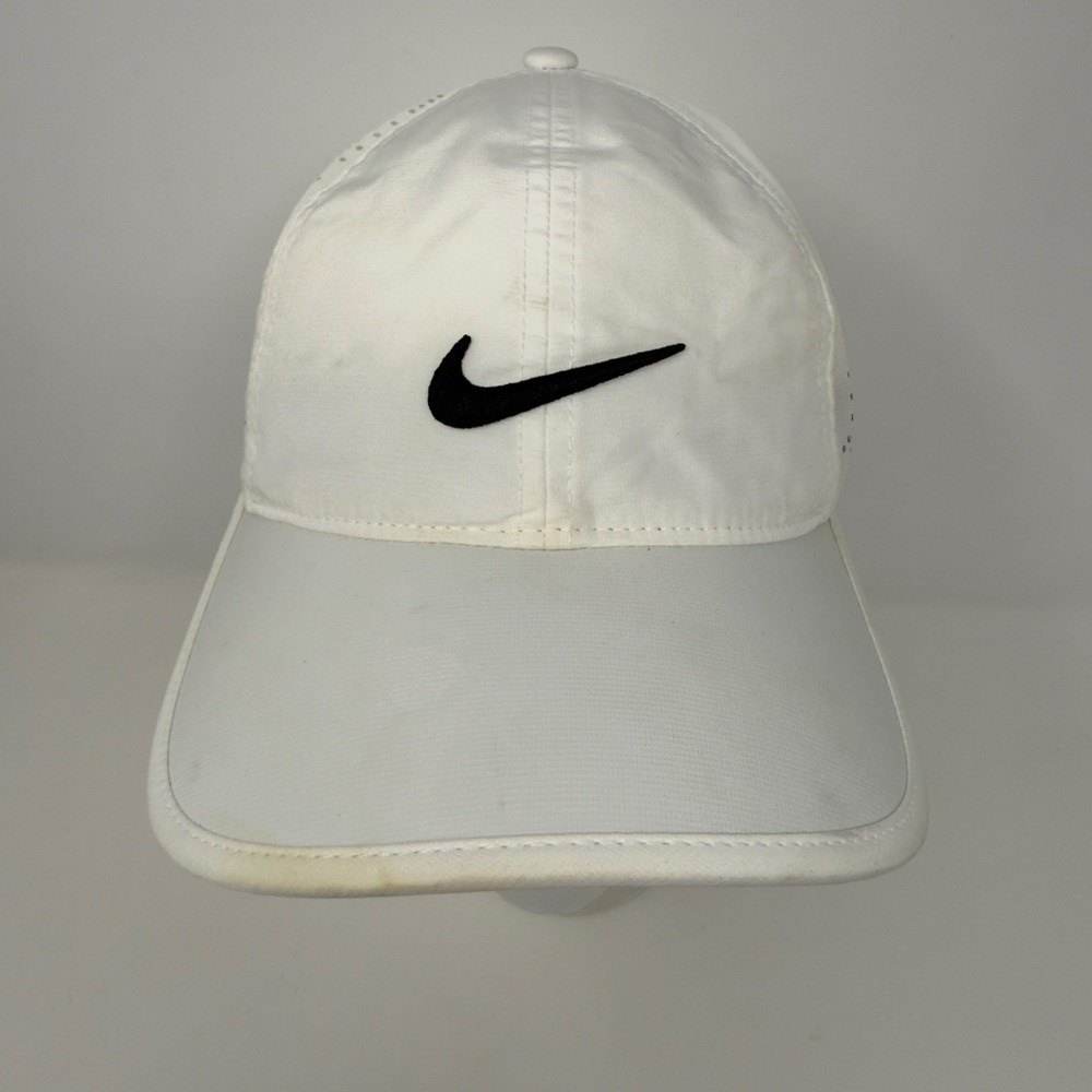 Distressed Nike Golf Hat Cap Adjustable Strap Back Adult White Swoosh Check Logo